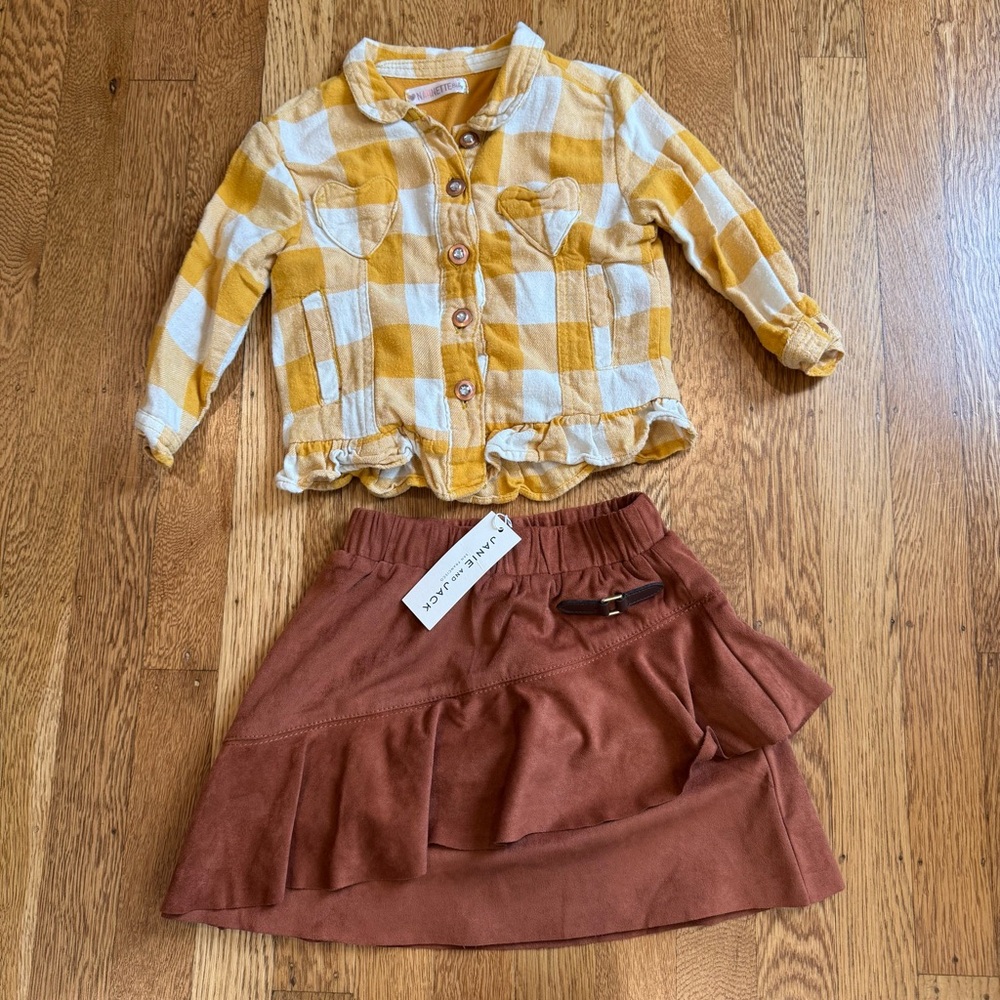 Janie & Jack Brown Ruffled Skirt for toddlers & Yellow plaid shacket in 2t